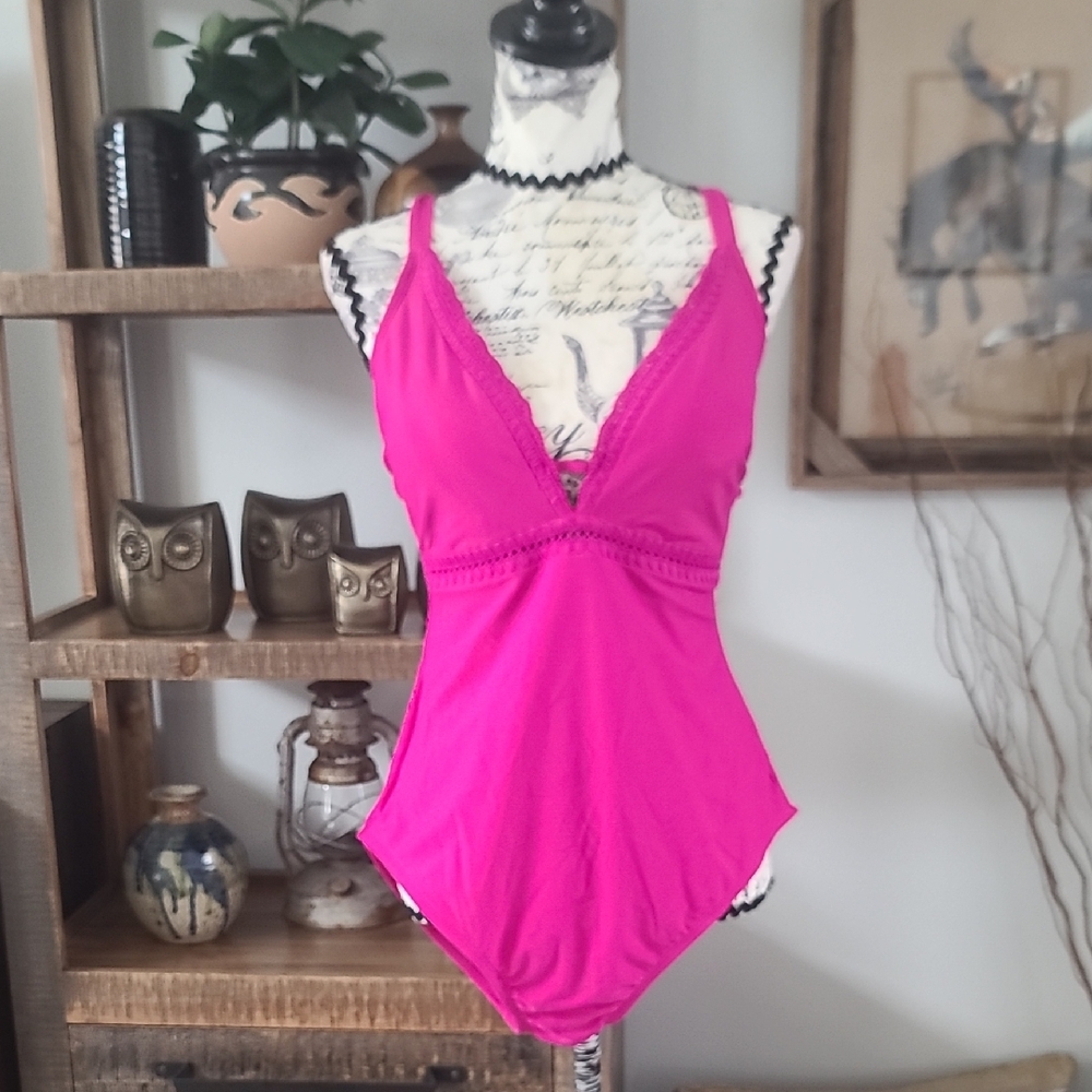 Kona Sol Fuchsia One-Piece Swimsuit V-Neck With Criss Cross Back